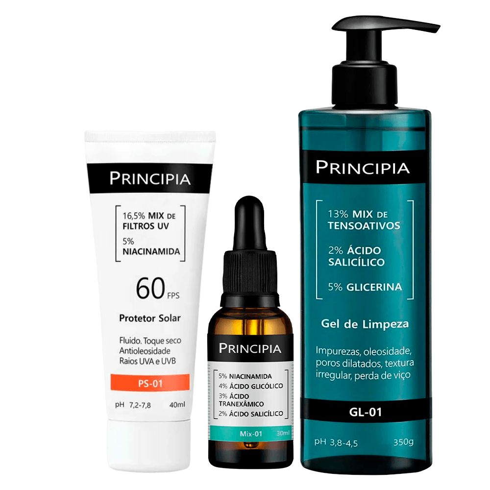 Principia Kit - Protetor Solar Facial PS-01 FPS60 + Sérum Facial Anti-Acne Mix-01 + Gel de Limpeza Facial GL-01