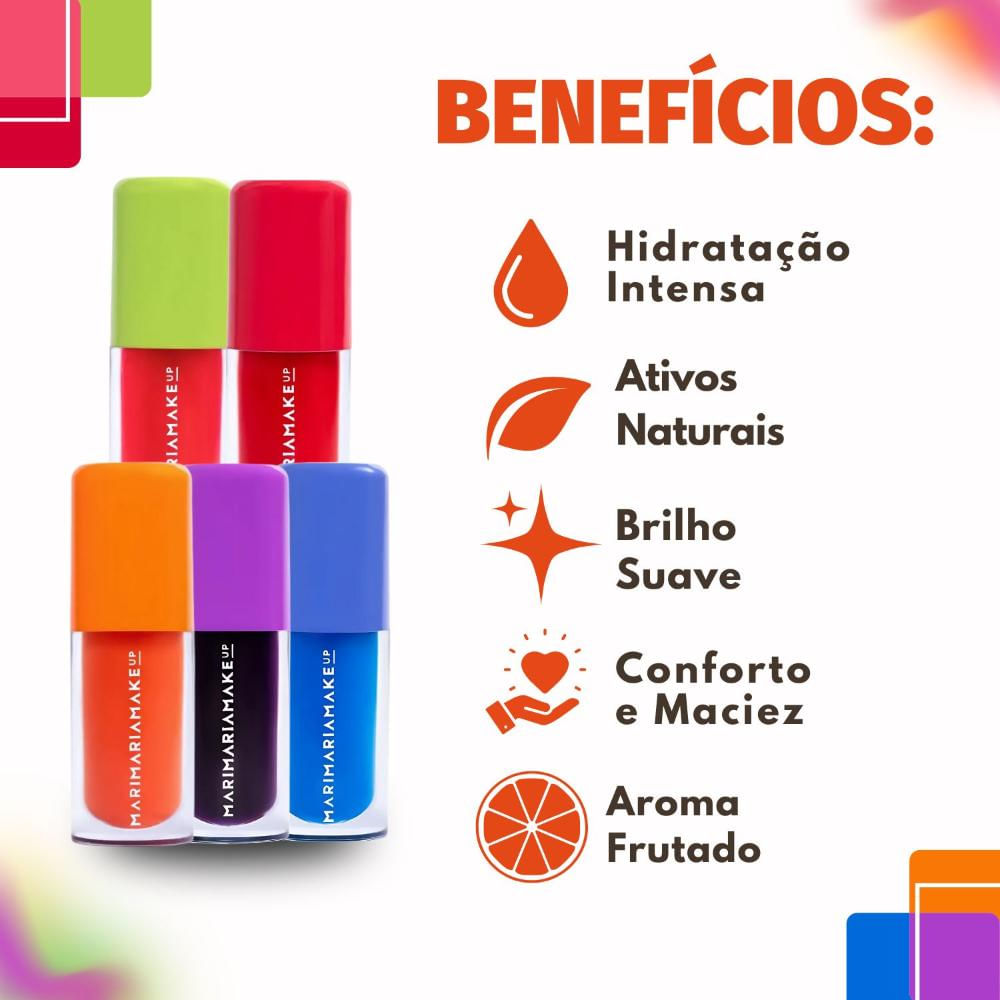 Kit Mari Maria: 5 Lip Oil Melância, Morango, Tangerina, Açai e
