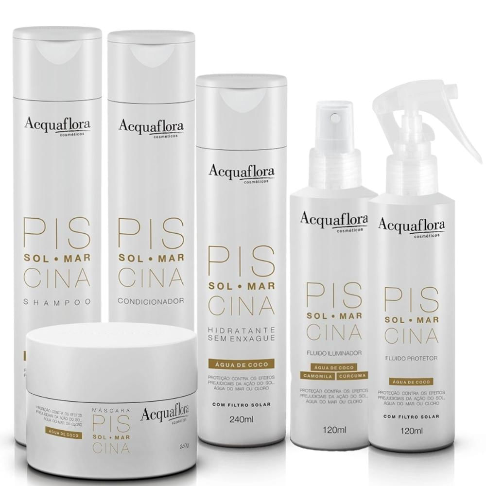 Kit Sol Mar Piscina Acquaflora - Shampoo 300ml + Condicionador 300ml + Máscara 250g + Hidratante 240ml + 2 Fluidos de 120ml