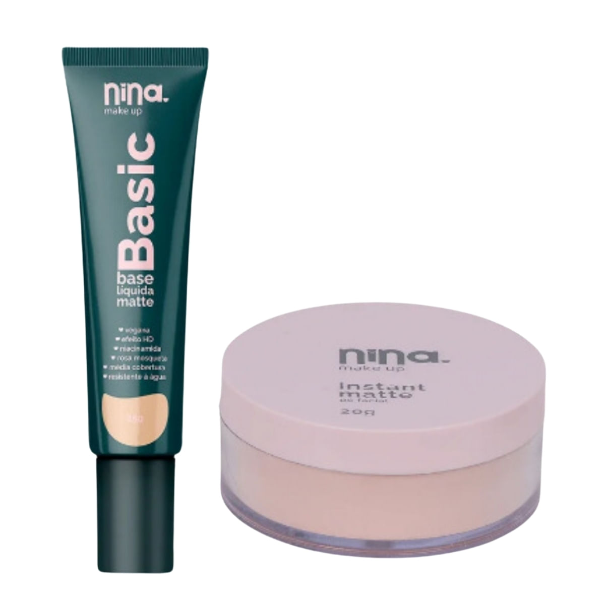 Kit Nina Makeup Base Líquida Basic+Pó Solto Instant Cor 1