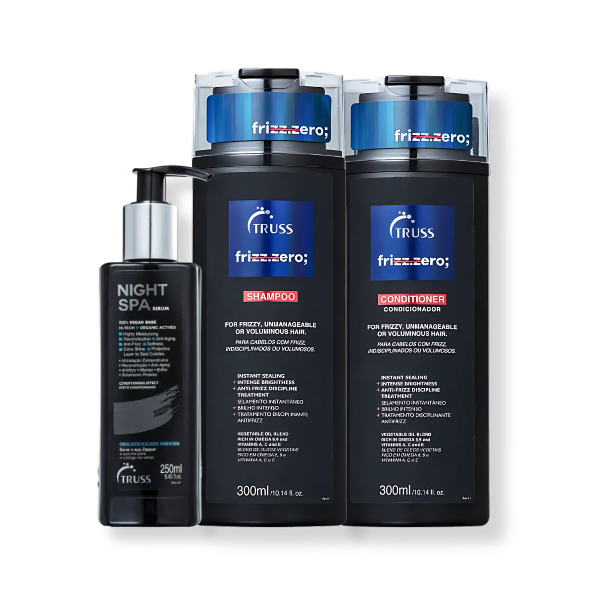 Kit com 3 Produtos: Truss Frizz Zero Shampoo + Condicionador + Sérum Night Spa para Cabelos com Frizz