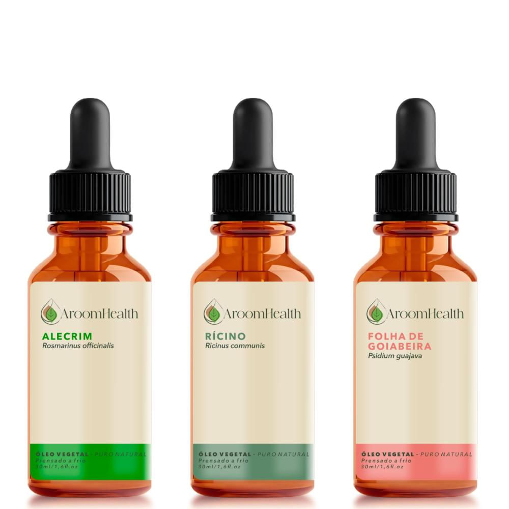 AroomHealth Kit óleos vegetais de Alecrim, Folha da goiabeira e Rícino - 30 ml cada