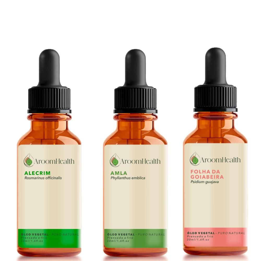 AroomHealth Kit de óleos vegetais de Alecrim, Amla e Folha da Goiabeira – 30 ml cada