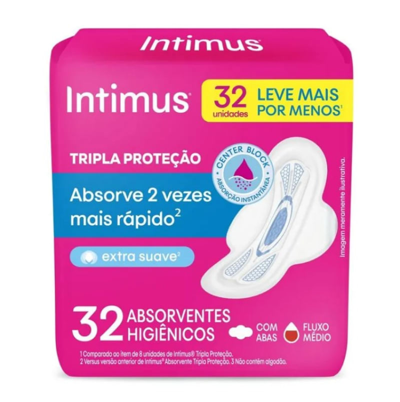 ABSORVENTE INTIMUS TRIPLA PROTEÇÃO COBERTURA EXTRA SUAVE COM ABAS 32 UNIDADES - LEVE MAIS PAGUE MENOS