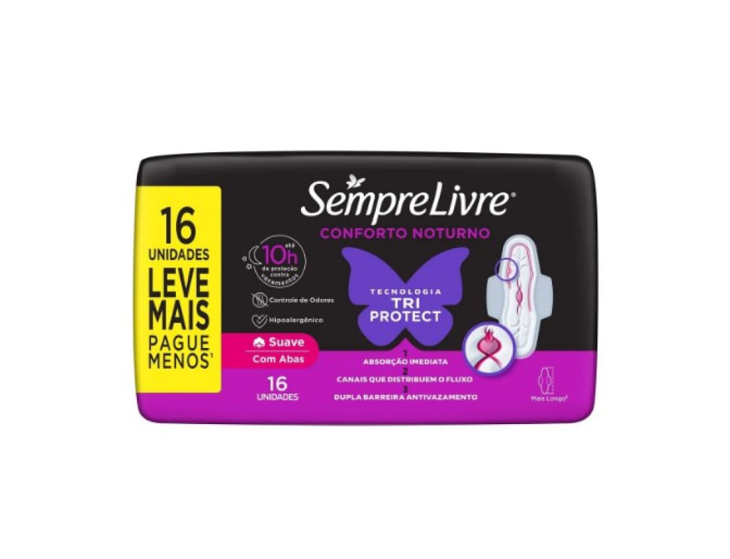 ABSORVENTE SEMPRE LIVRE ADAPT PLUS NOITE E DIA COBERTURA SUAVE COM ABAS 16 UNIDADES – LEVE MAIS PAGUE MENOS
