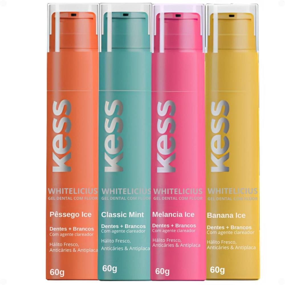 Kit Kess Gel Dental Whitelicius Com 4: Banana Ice, Melancia Ice, Pessego Ice e Classic Mint 60g