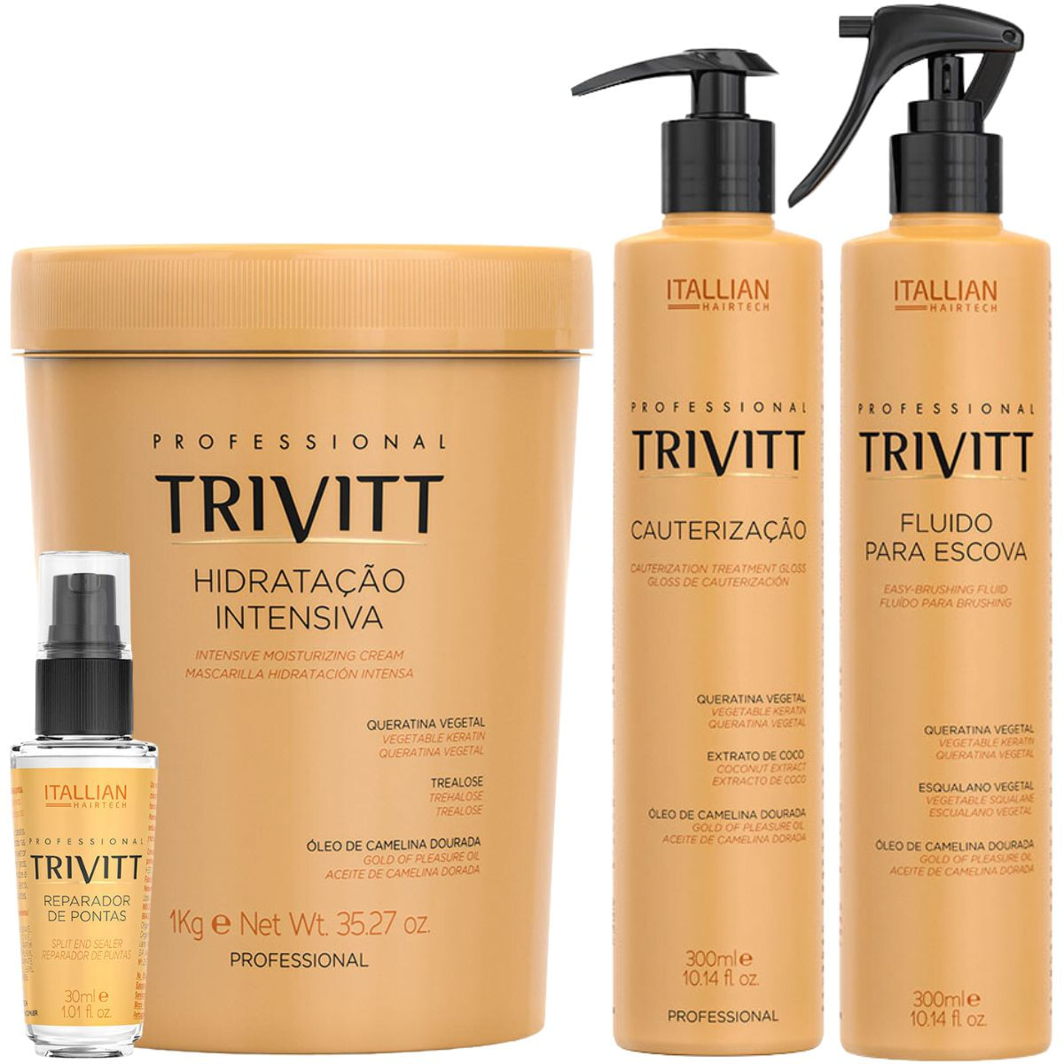 Kit Trivitt Hidratação 1Kg + Fluido Para Escova + Cauterização + Reparador De Pontas