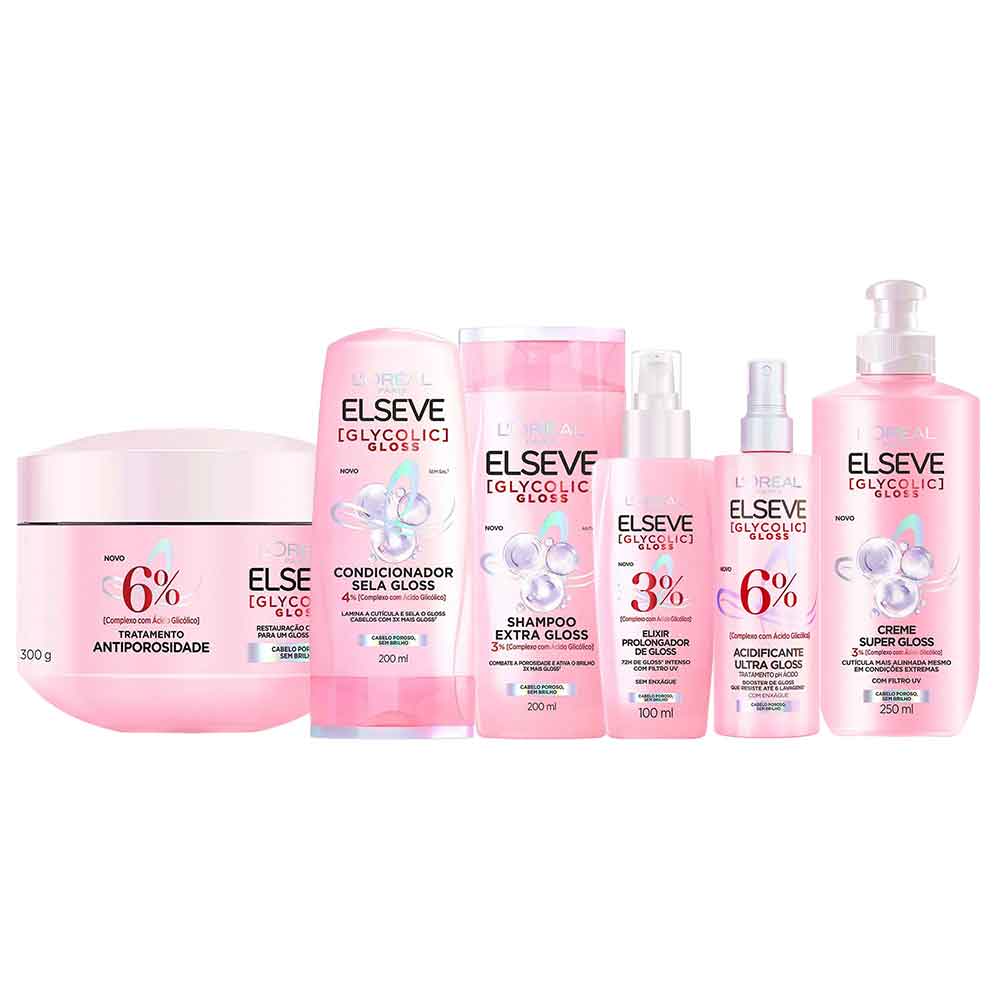 Elseve Glycolic Gloss Kit - Shampoo + Condicionador + Creme Super Gloss + Sérum + Tratamento + Creme Antiporosidade