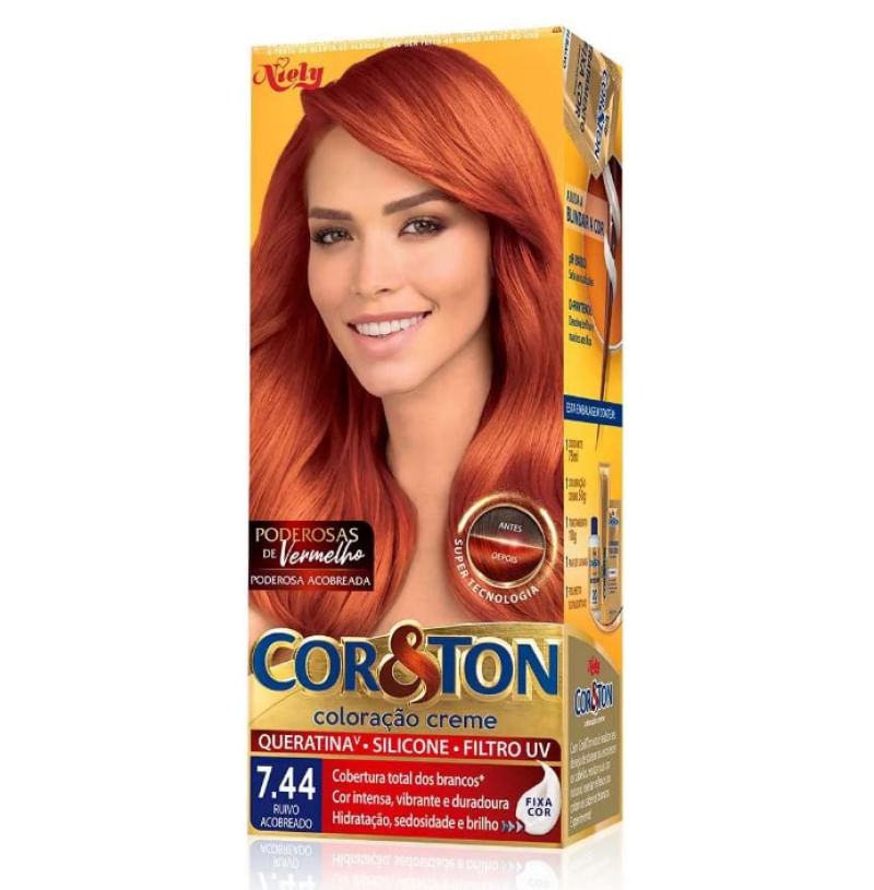 COLORAÇÃO NIELY COR&TON TONS VERMELHOS 7.44 RUIVO ACOBREADO