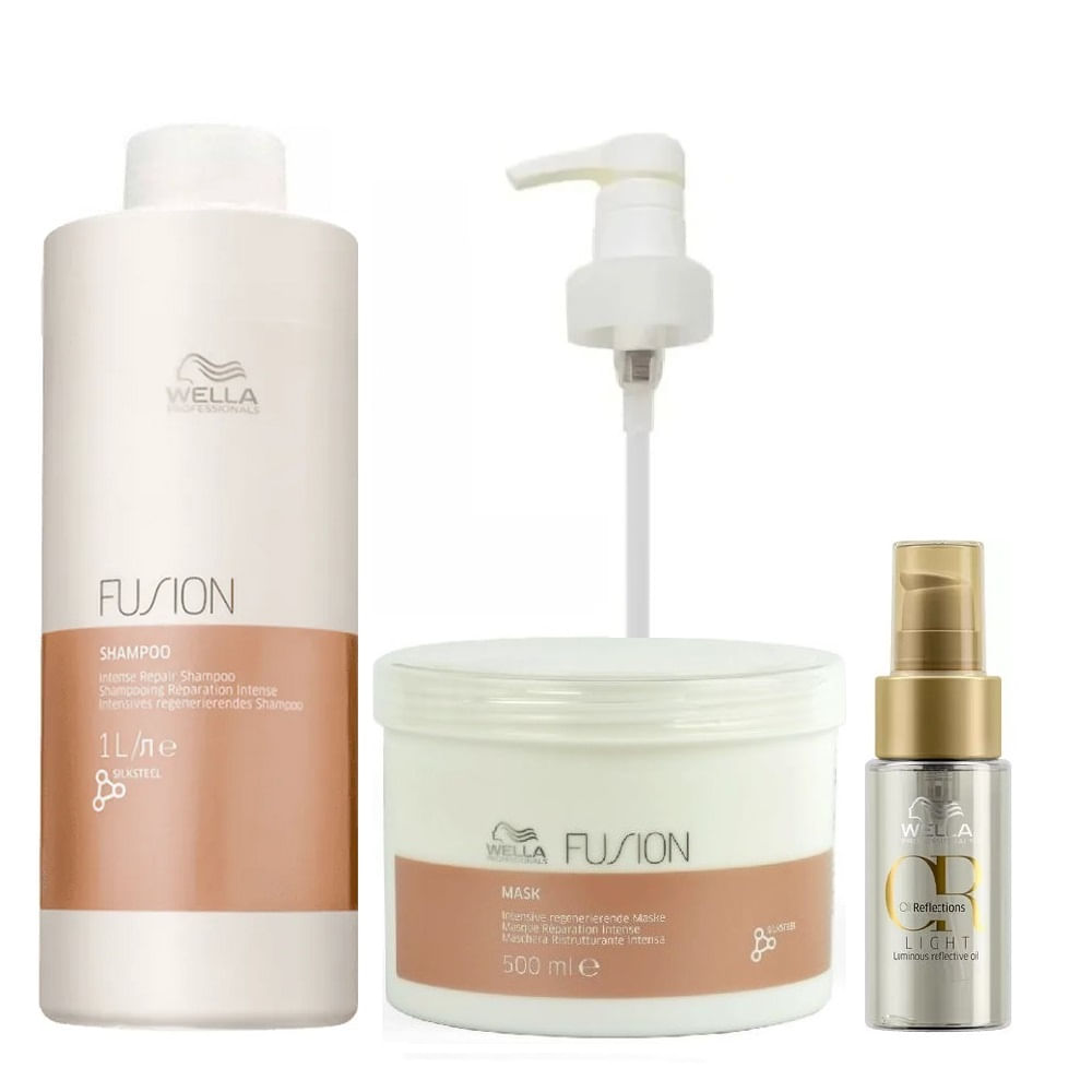 Kit Wella Professionals Fusion Shampoo 1 Litro e Máscara 500gr + Oil Reflections Light 30ml + Válvula Pump