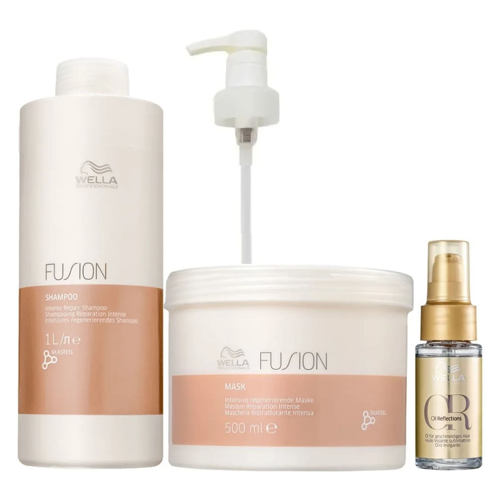 Kit Wella Professionals Fusion Shampoo 1 Litro e Máscara 500gr + Oil Reflections 30ml + Válvula Pump