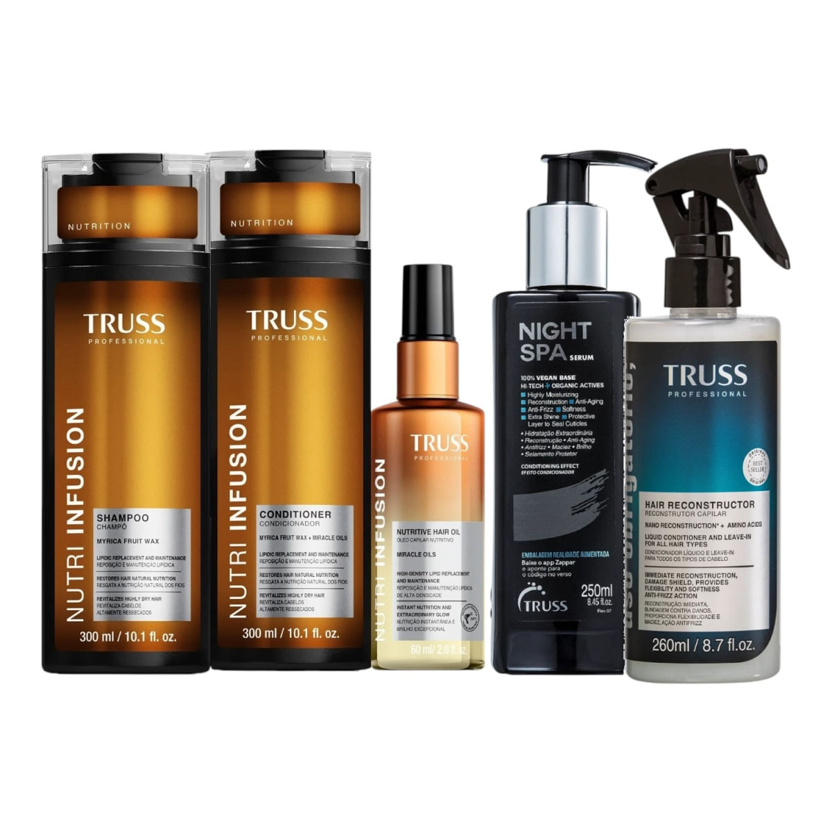 Kit Truss Nutri Infusion - Shampoo 300ml + Condicionador 300ml + Óleo 60ml + Night Spa 250ml + Uso Obrigatório Spray 260ml