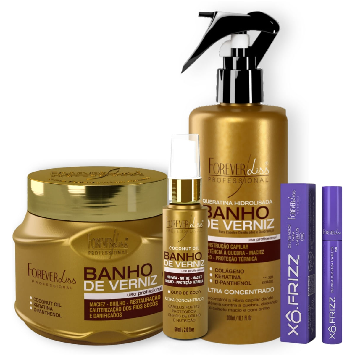 Forever Liss Banho De Verniz: Máscara, Modelador Xô Frizz, Óleo De Coco E Queratina Hidrolisada