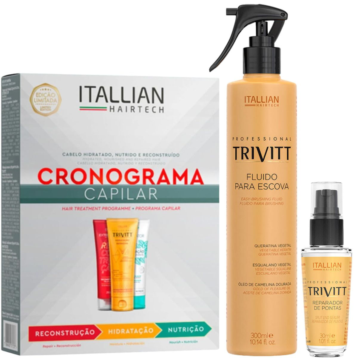 Itallian Hairtech: Fluído Para Escova 300Ml, Kit Cronograma Capilar E Reparador De Pontas 30Ml