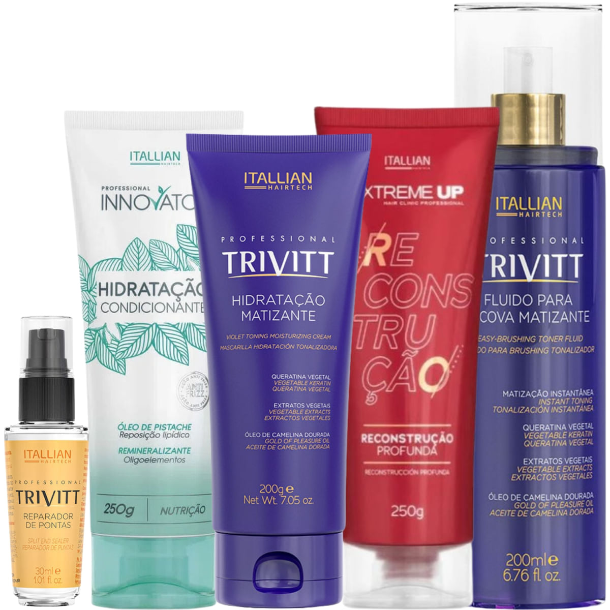 Itallian Hairtech: Kit Cronograma Capilar Matizante Com Fluído Para Escova E Reparador De Pontas