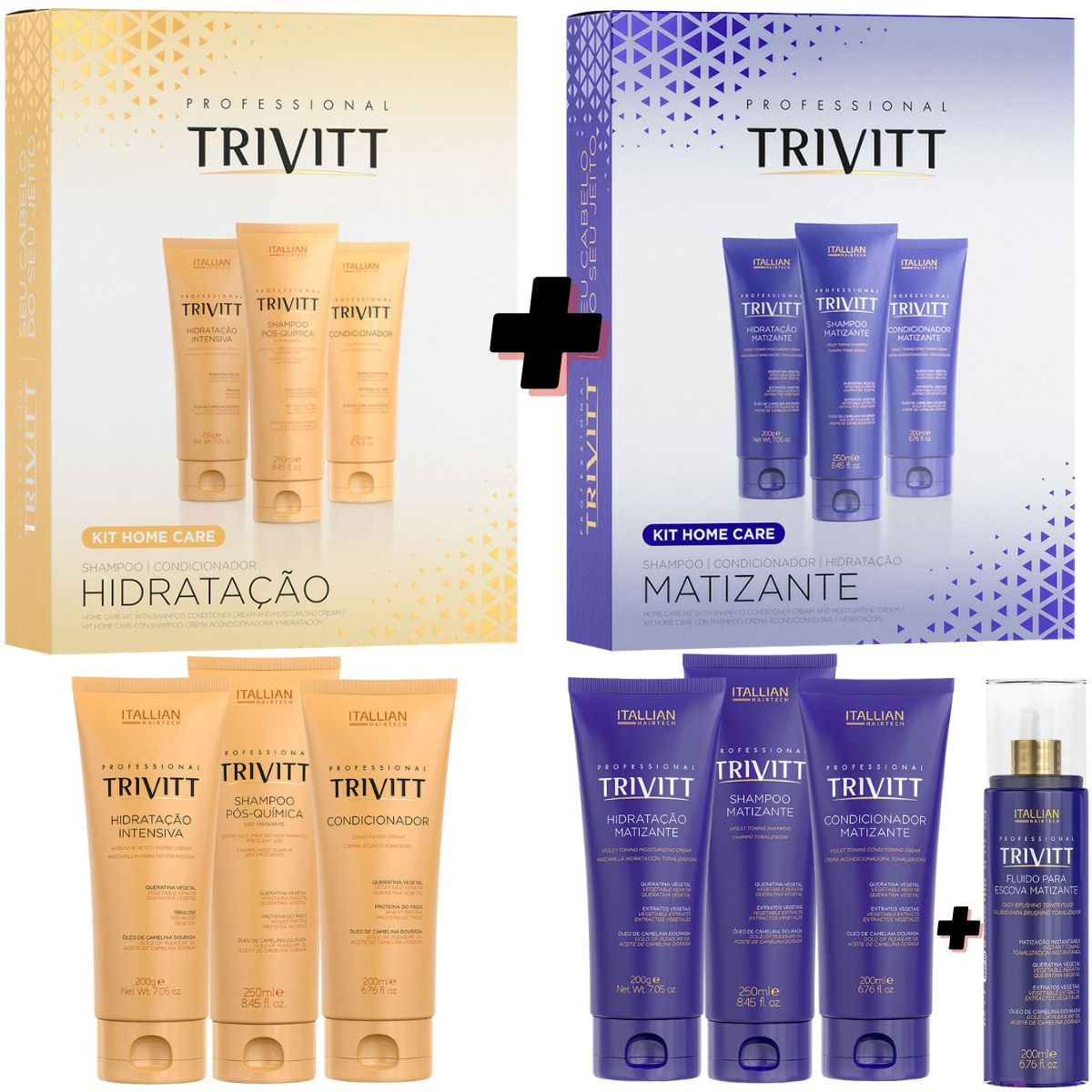 Trivitt: Fluído Para Escova Matizante 200Ml, Kit Homecare Com Hidratação E Kit Homecare Matizante