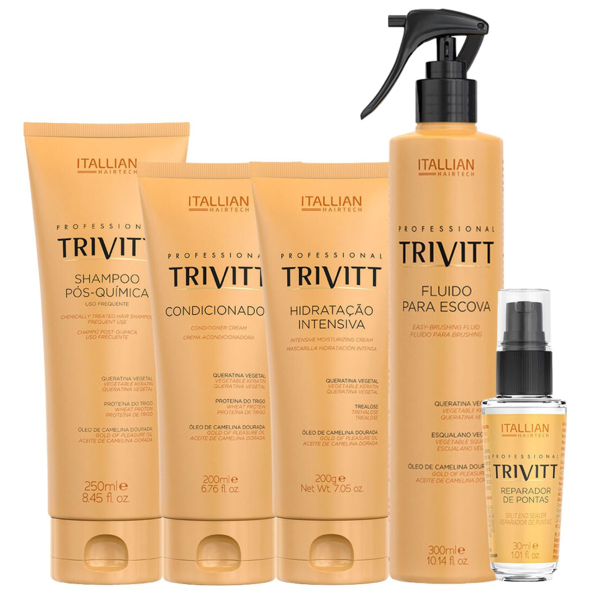 Trivitt: Fluído Para Escova 300Ml, Kit Homecare Com Hidratação E Reparador De Pontas 30Ml