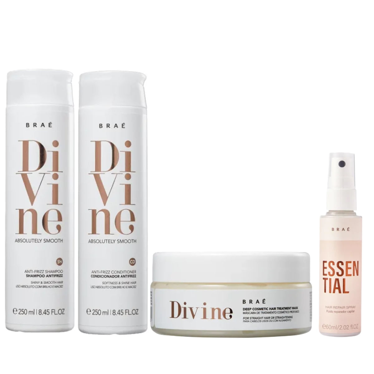 Kit Braé Divine - Shampoo 250ml + Condicionador 250ml + Máscara 200g + Fluido Essential 60ml