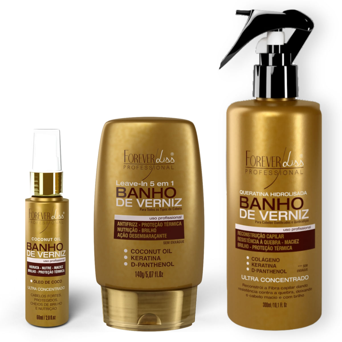 Forever Liss Banho De Verniz: Leave-In, Óleo De Coco 60Ml E Queratina Hidrolisada 300Ml