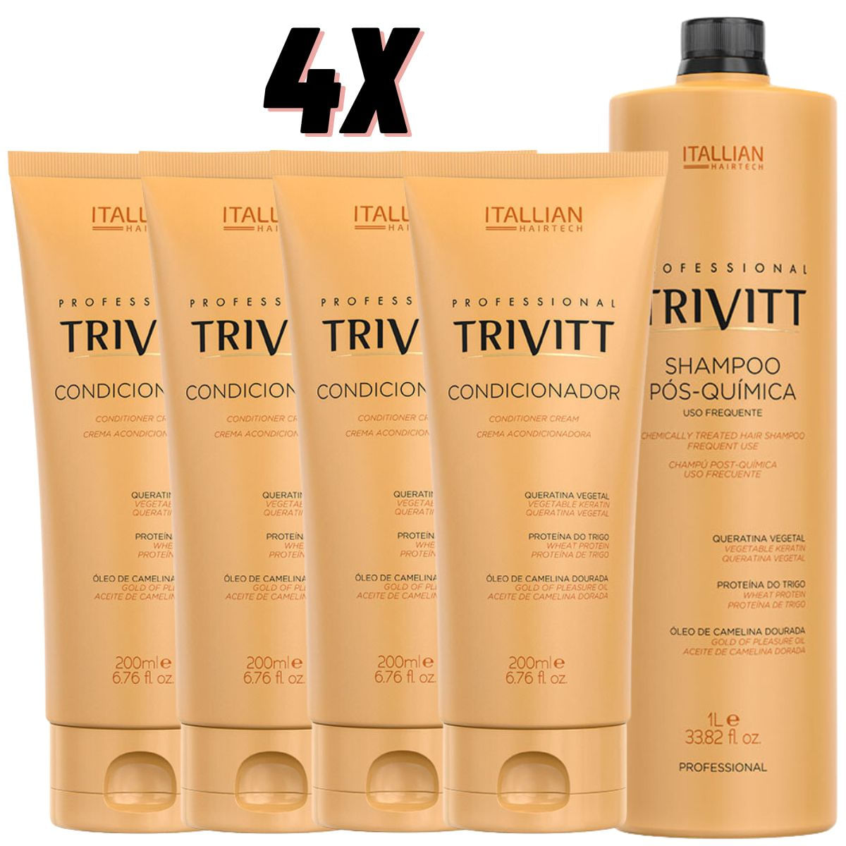 Trivitt: 4 Unidades De Condicionador 200Ml E Shampoo Pós-Química Para Uso Frequente 1L