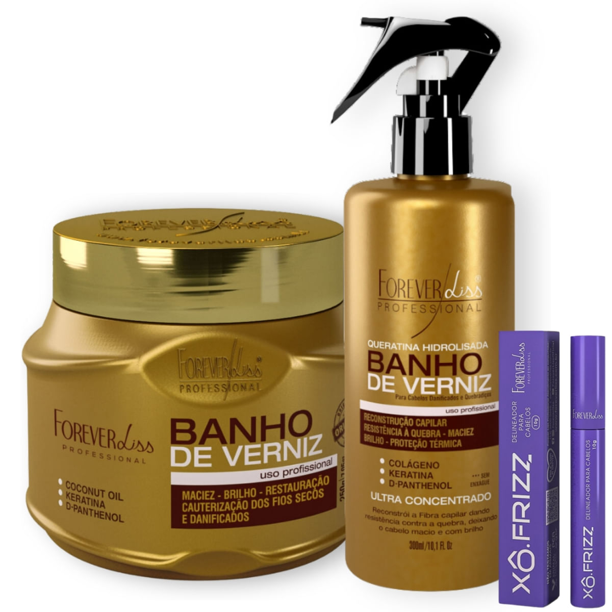 Forever Liss Banho De Verniz: Máscara 250G, Modelador Xô Frizz 10G E Queratina Hidrolisada