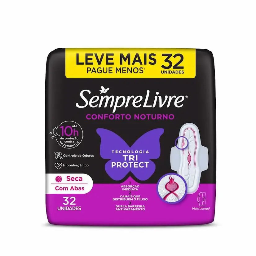 ABSORVENTE SEMPRE LIVRE ADAPT PLUS NOITE E DIA COBERTURA SECA COM ABAS COM 32 UNIDADES - LEVE MAIS PAGUE MENOS