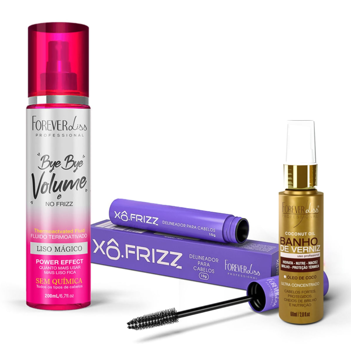 Kit Forever Liss: Modelador Xô Frizz, Óleo de Coco Banho de Verniz e Protetor Térmico Magia de Unicórnio
