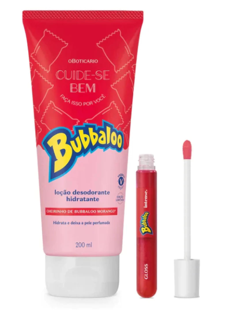 Kit Hidratante Bubbaloo e Gloss Brilho Labial de Morango QHS - O Boticário