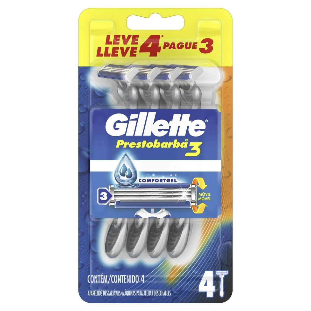 Aparelho de Depilar Descartável Gillette Prestobarba 3 com 4 unidades