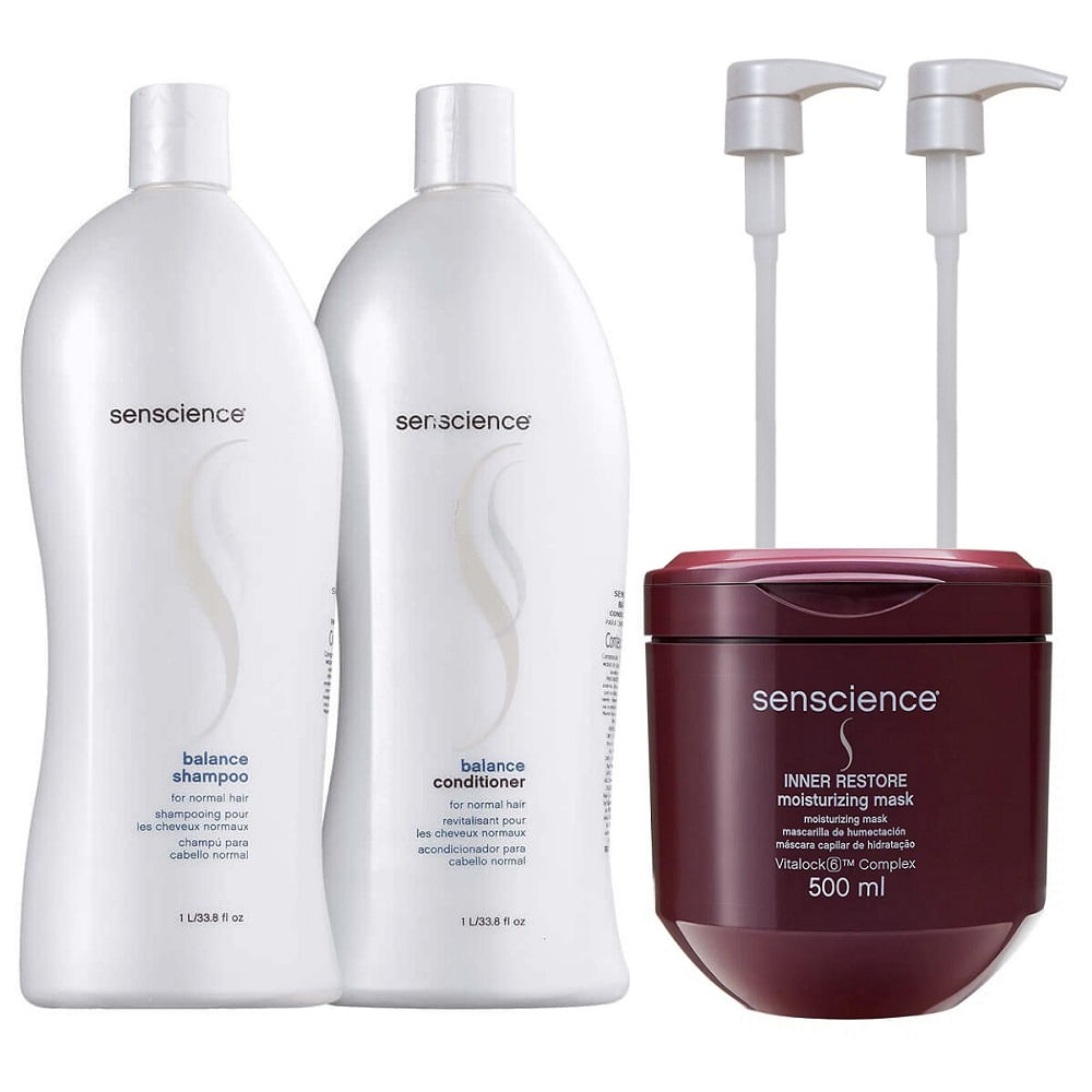 Kit Senscience Balance Shampoo 1000ml + Condicionador 1000ml + Inner restore Intensif Máscara 500ml + Válvulas Pump