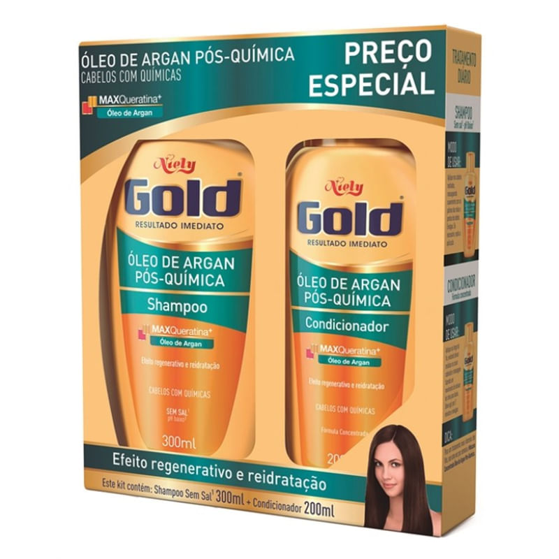KIT NIELY GOLD ÓLEO DE ARGAN PÓS-QUÍMICA 1 SHAMPOO DE 300ML + 1 CONDICIONADOR DE 200ML