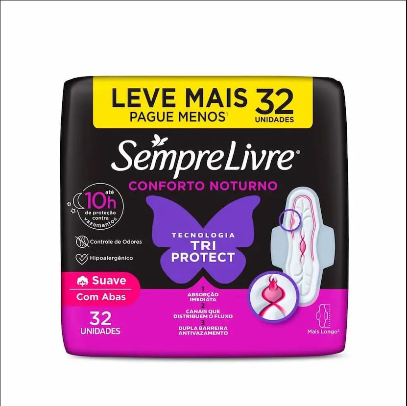 Absorvente Sempre Livre Adapt Plus Noite E Dia Suave Com Abas E 32 Unidades