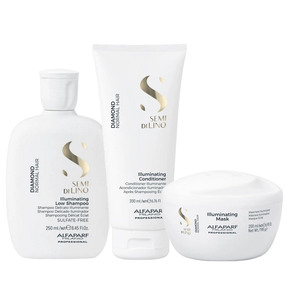 Kit Alfaparf Semi Di Lino Diamond - Shampoo 250ml + Condicionador 200ml + 3x Ampola 13ml