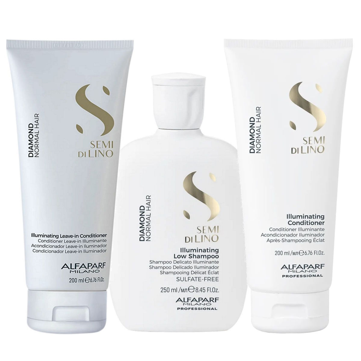 Kit Alfaparf Semi Di Lino Diamond - Shampoo 250ml + Condicionador 200ml + Leave in 200ml