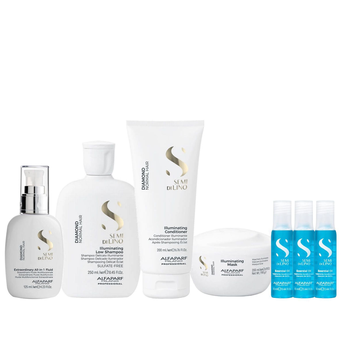 Kit Alfaparf Semi Di Lino Diamond - Shampoo 250ml + Condicionador 200ml + Máscara 200ml + Fluído 125ml + 3x Ampola 13ml