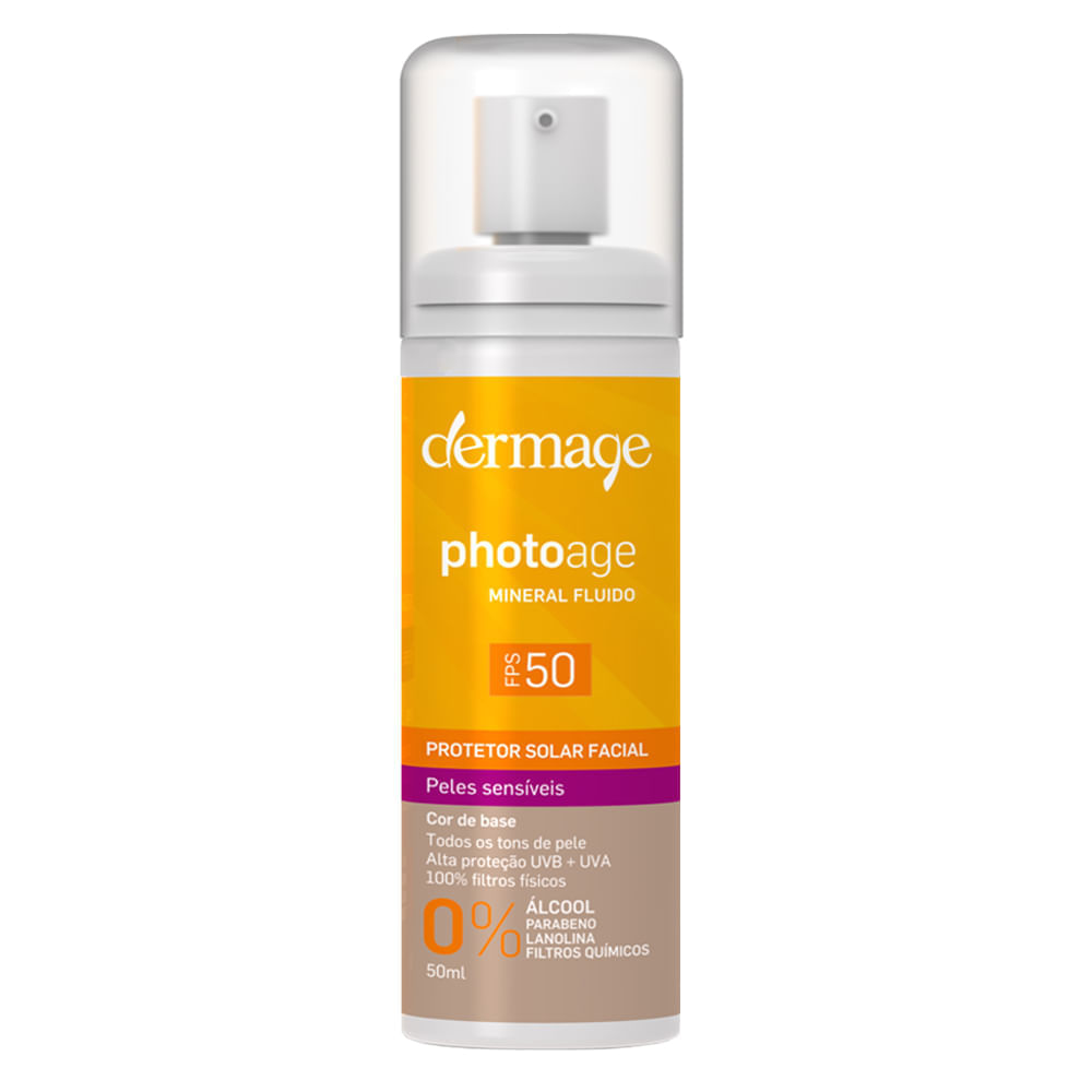 Protetor Solar Facial Dermage Photoage Mineral Fluido Peles Sensíveis Médio FPS50 50ml