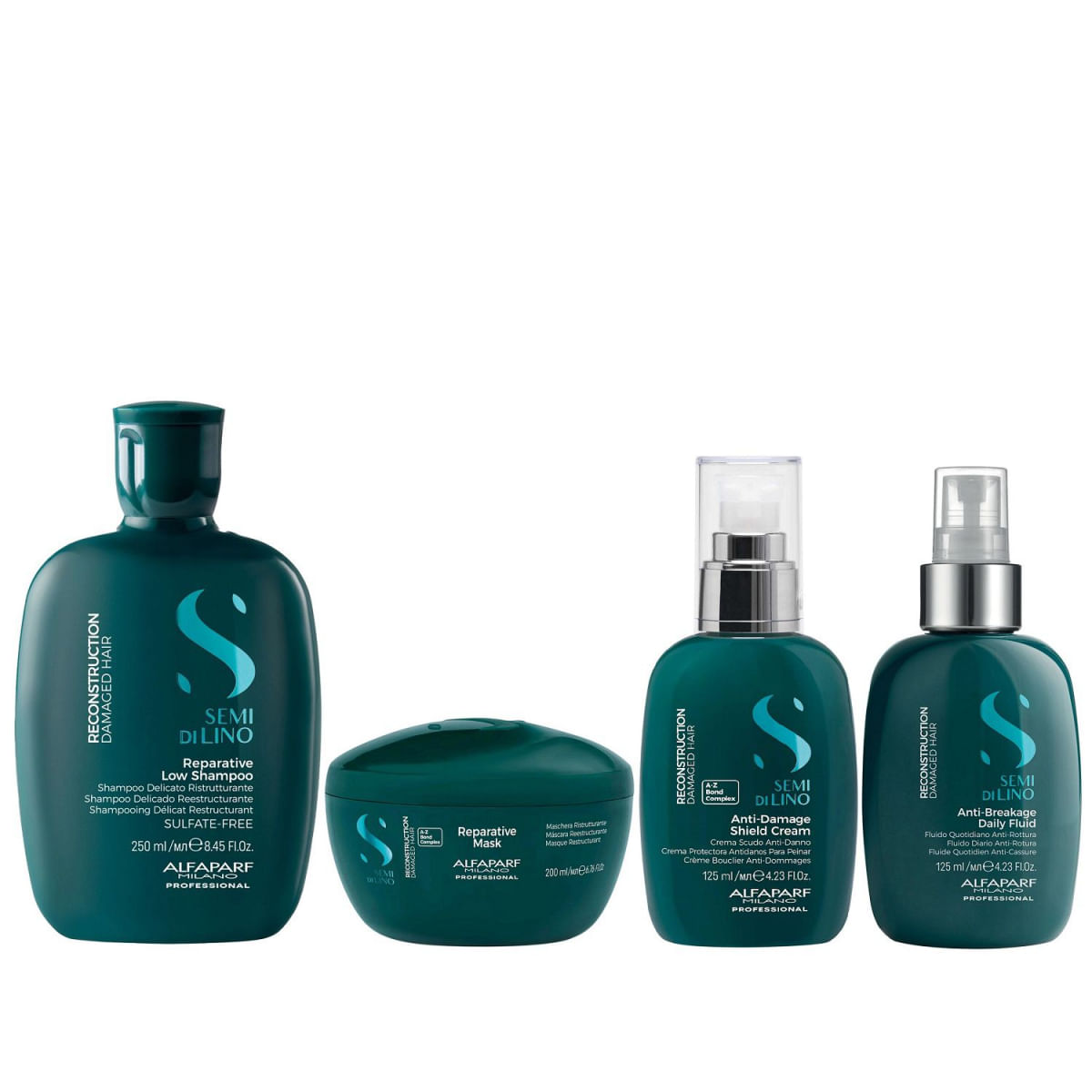 Kit Alfaparf Semi Di Lino Reconstruction - Shampoo 250ml + Máscara 200ml + Creme 125ml + Fluído 125ml