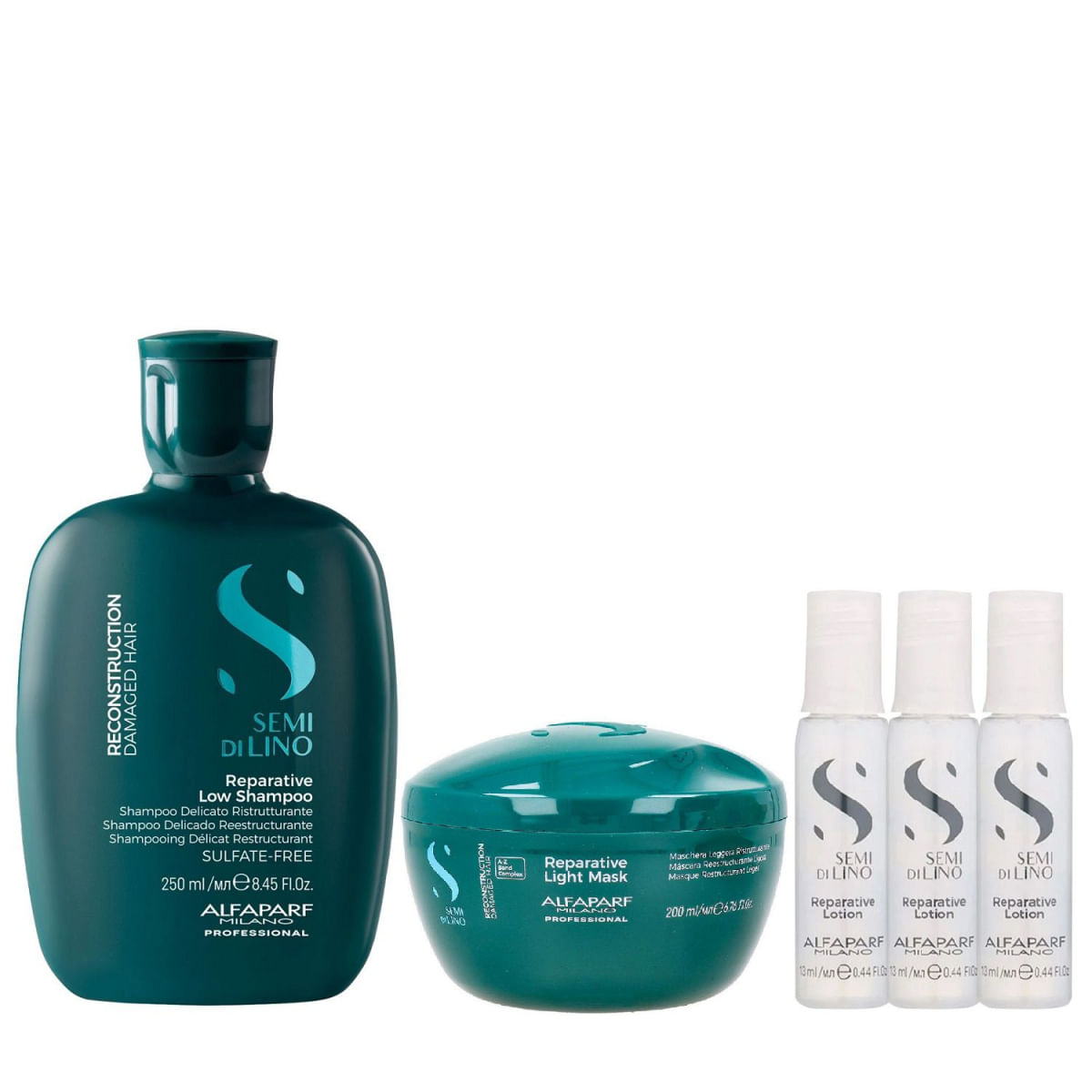 Kit Alfaparf Semi Di Lino Reconstruction - Shampoo 250ml + Máscara Suave 200ml + 3x Ampola 13ml