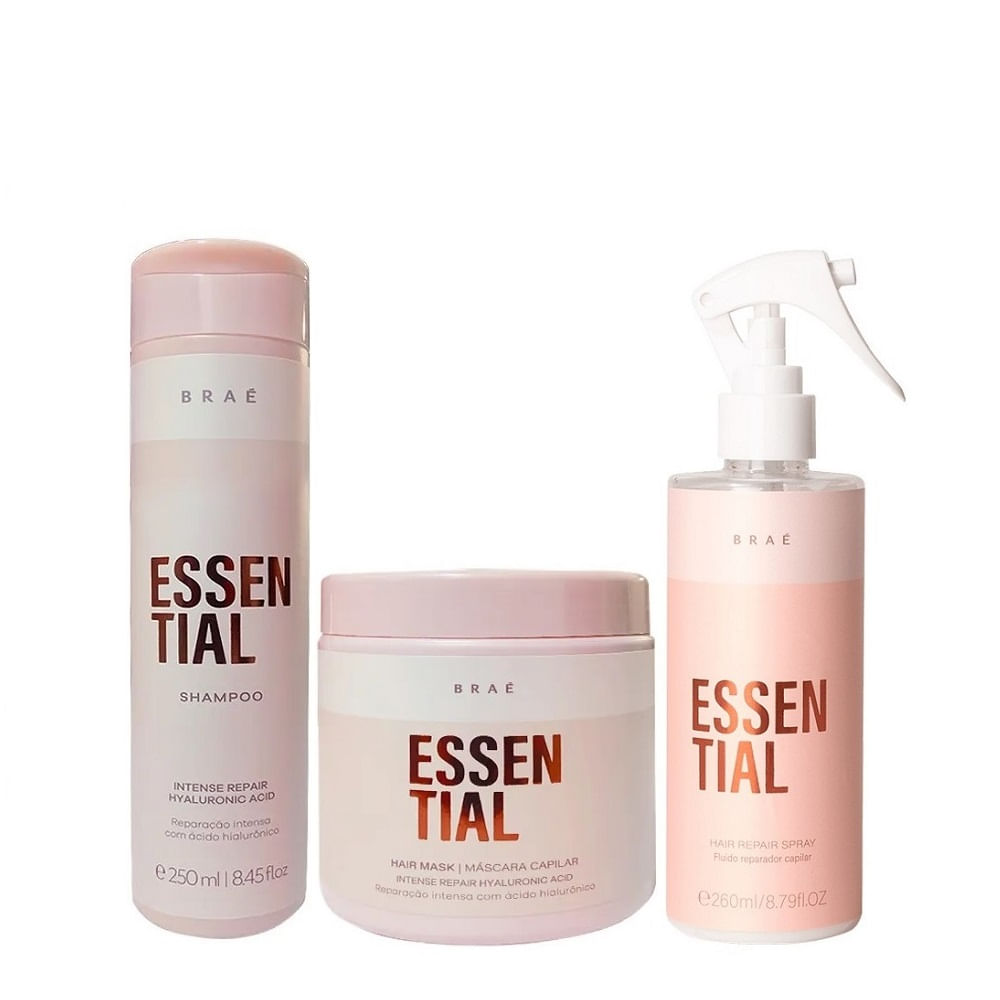 Kit Braé Essential Shampoo 250ml + Máscara 500g + Fluído Reparador 260ml