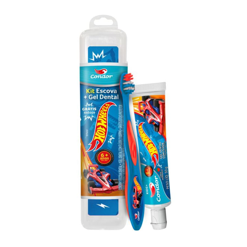 Kit Infantil Condor Hot Wheels Estojo Protetor + Escova Dental + Gel Dental Morango 50g