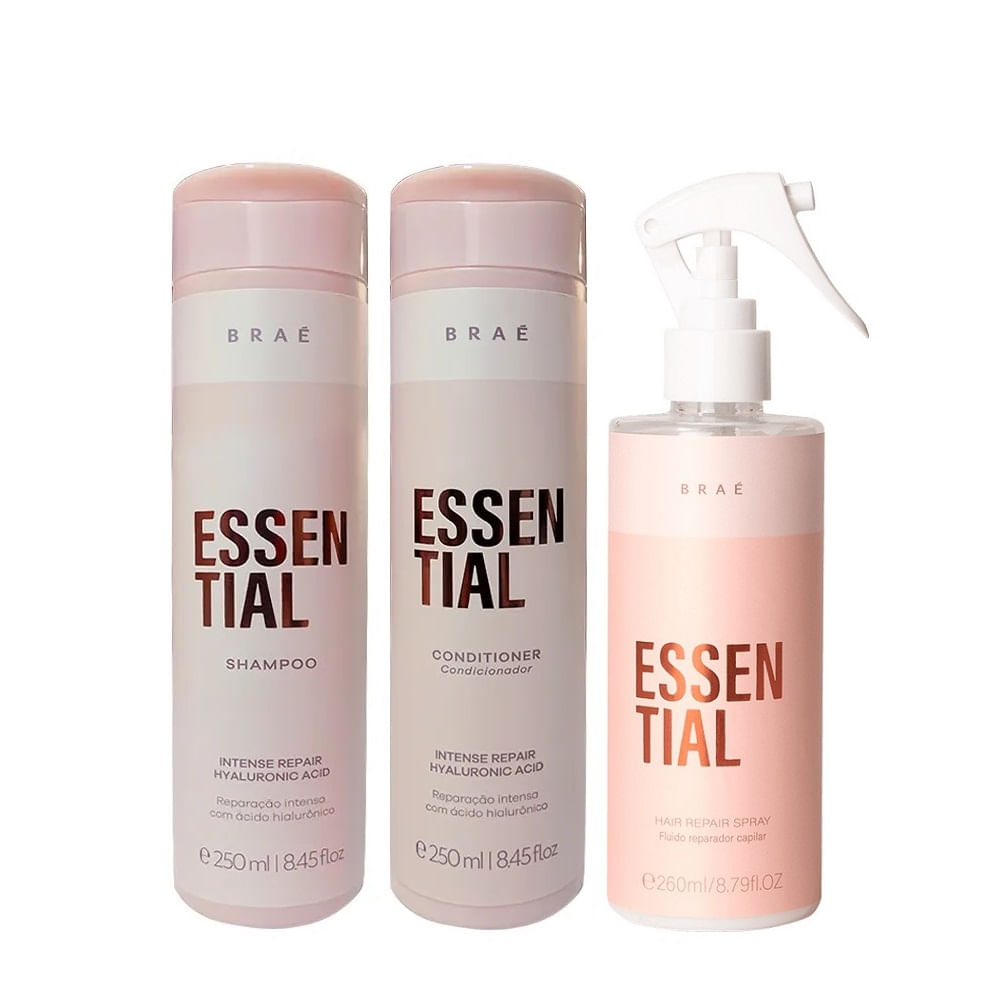 Kit Braé Essential Shampoo 250ml + Condicionador 250ml + Fluído Reparador 260ml