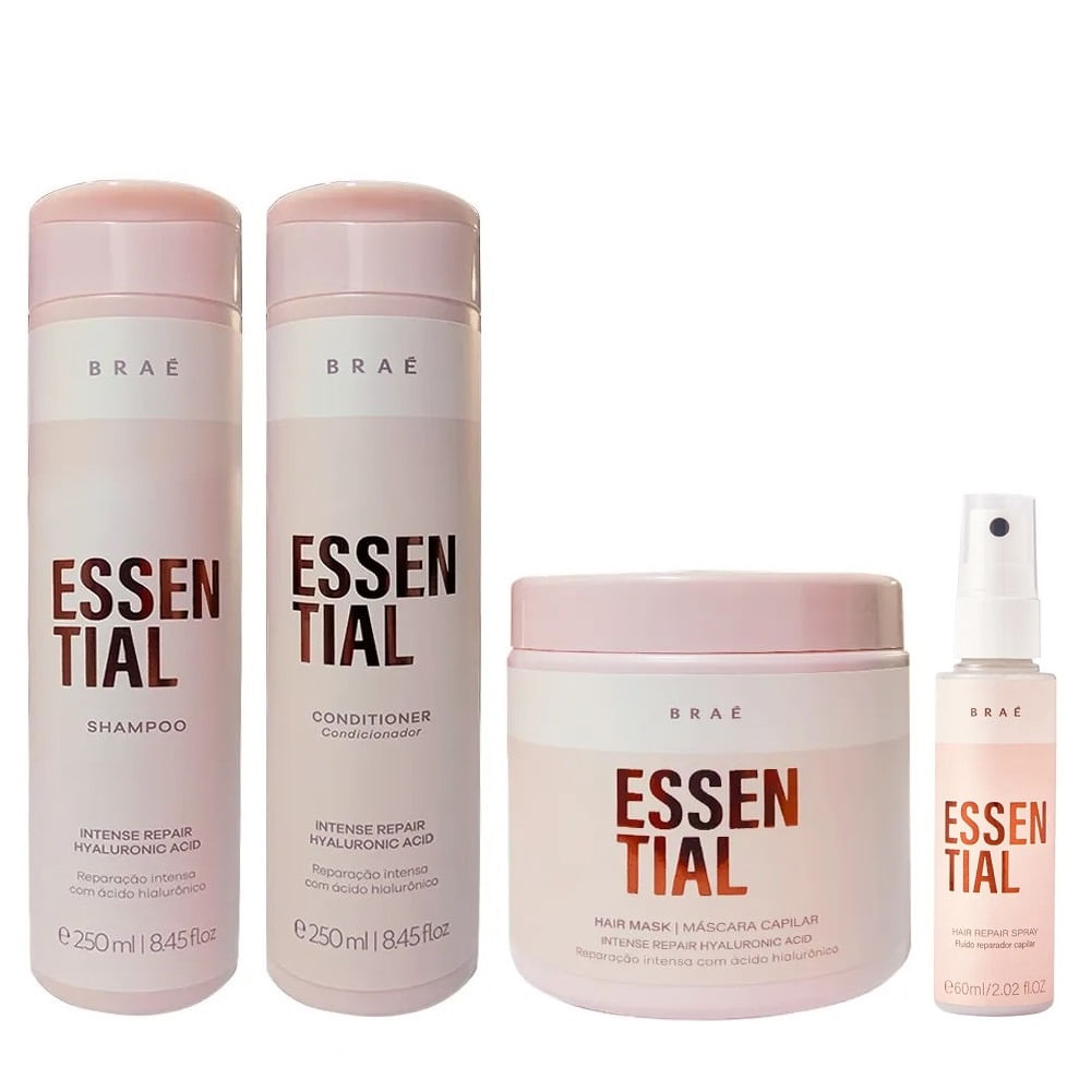 Kit Braé Essential Shampoo 250ml + Condicionador 250ml + Máscara 500g + Fluído Reconstrutor 60ml