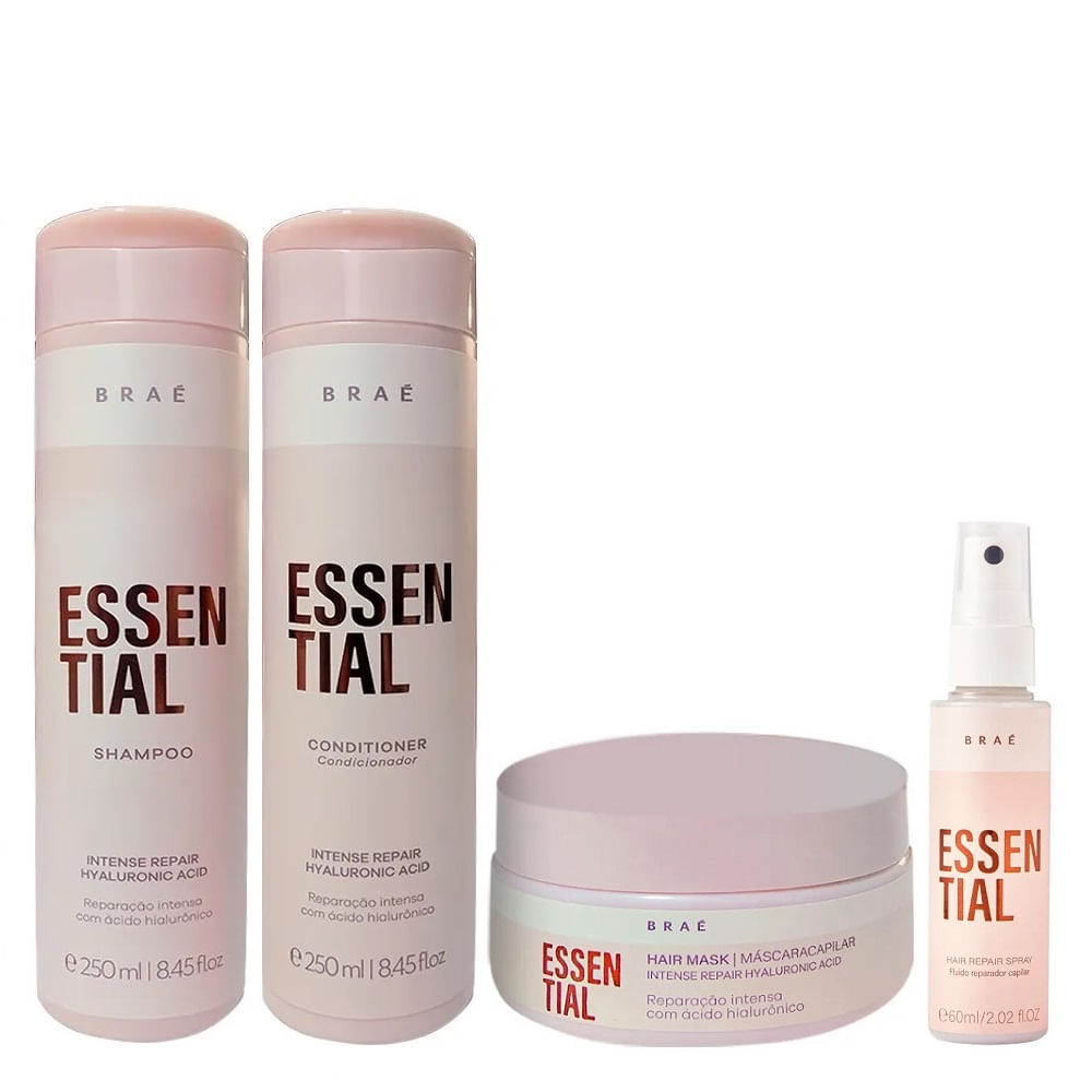Kit Braé Essential Shampoo 250ml + Condicionador 250ml + Máscara 200g + Fluído Reconstrutor 60ml
