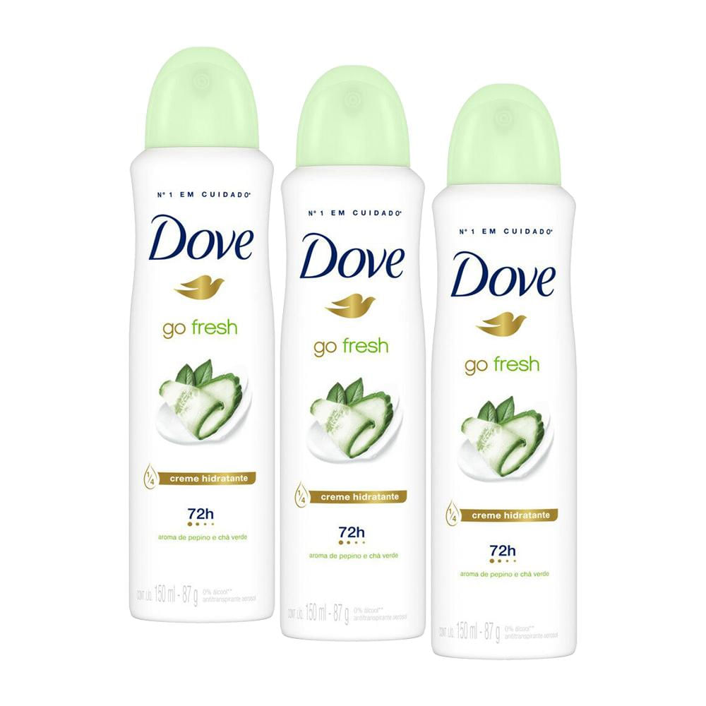 Kit com 3 Desodorantes Antitranspirantes Aerosol Dove Go Fresh Pepino e Chá Verde 150ml