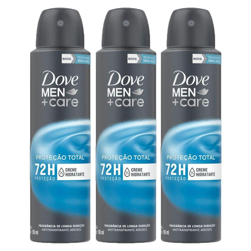 Kit com 3 Desodorantes Antitranspirantes Aerosol Dove Cuidado Total 150ml