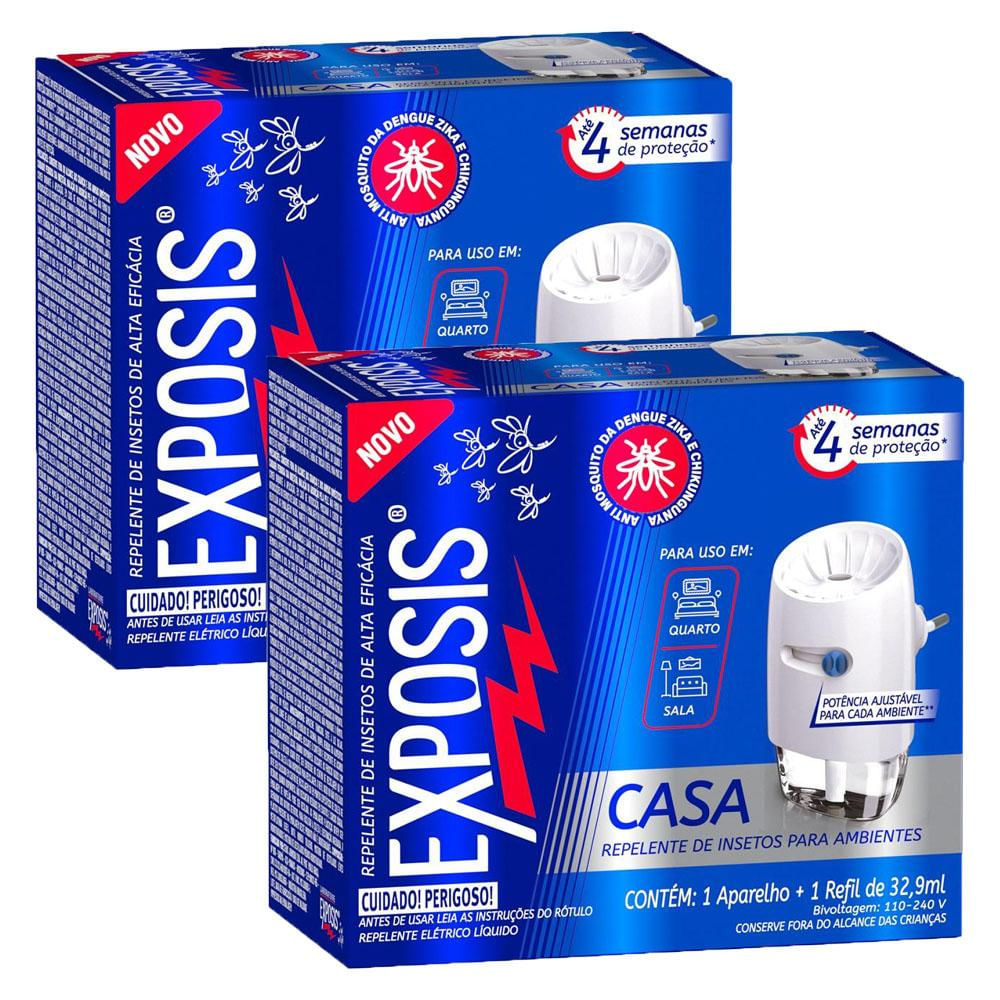 Kit 2 Aparelhos Elétrico + Refil Repelente Líquido Exposis Casa 32,9ml