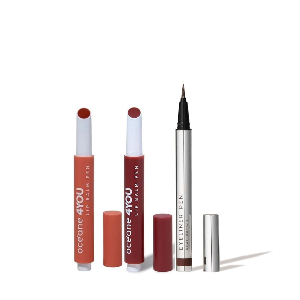 Combo Batom Oceane Lip Balm Coral, Berry e Caneta Oceane Eyeliner Golden Real Brown