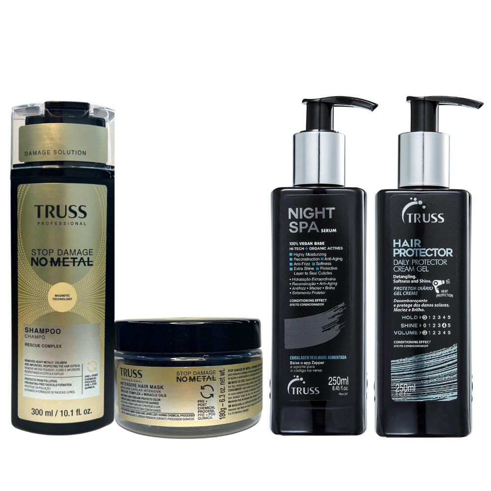 Kit Truss Stop Damage No Metal - Shampoo 300ml + Máscara 180g + Night Spa 250ml + Protector 250ml