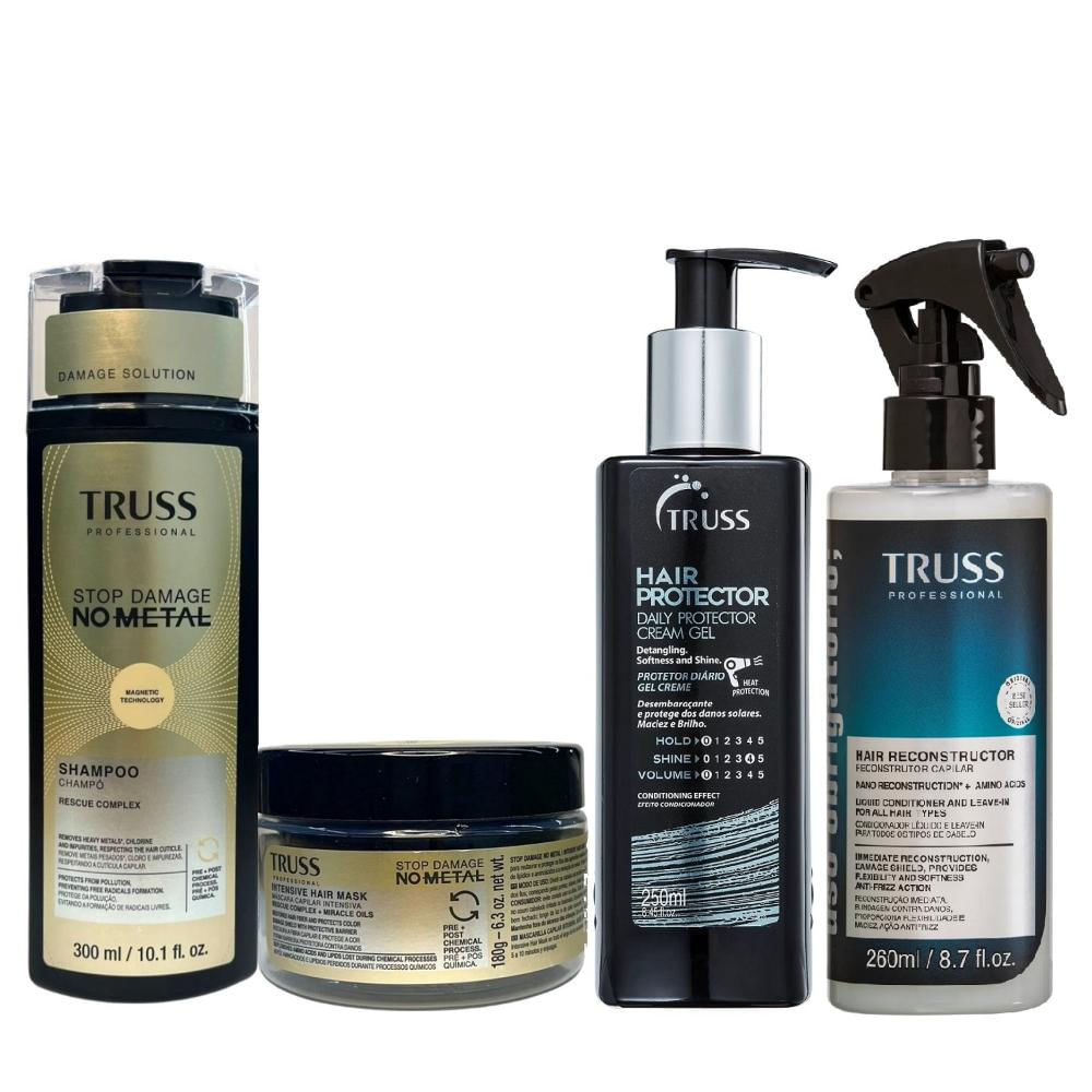 Kit Truss Stop Damage No Metal - Shampoo 300ml + Máscara 180g + Uso Obrigatório 260ml + Protector 250ml