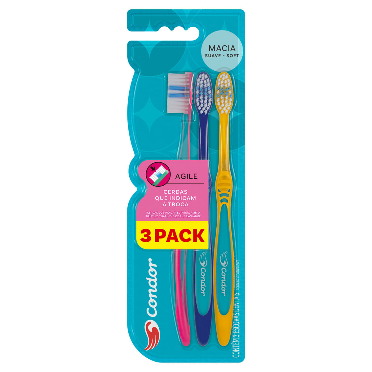 Pack Escova Dental Macia Condor Agile Cabeça M 3 Unidades - Sortidos